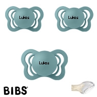 BIBS Couture Sutter med navn str1, Island Sea, Anatomisk Silikone, Pakke med 3 sutter